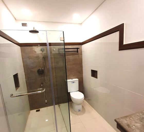 A bathroom with a glass-walled rain shower and a toilet