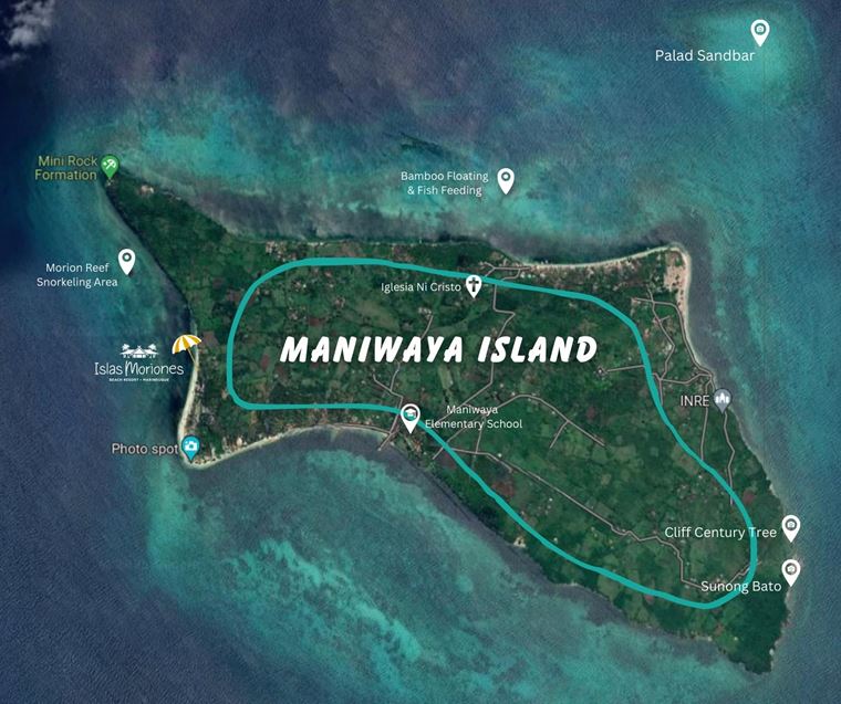 Annotated map of Maniwaya Island with Islas Moriones on the west coast