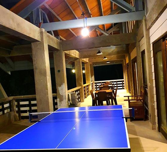 A blue ping-pong table on a timber-roofed veranda with dining tables beyond