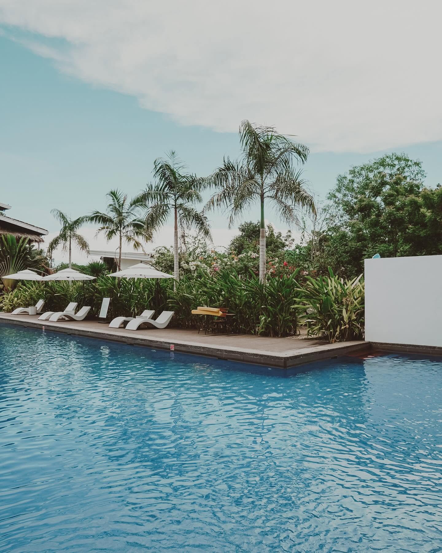 Pool bordered by a flowering tropical garden